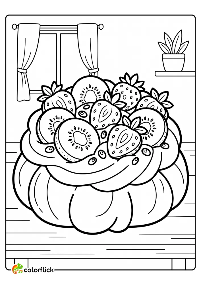 A delightful printable coloring page for kids featuring a large, round Pavlova cake topped with fresh strawberries, kiwi slices, whipped cream, and passion fruit seeds, presented on a wooden table with a cozy window view in the background.