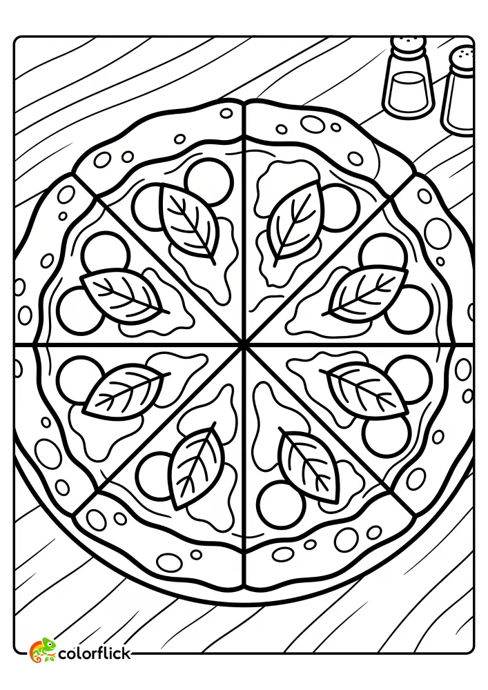 A printable coloring page for kids showing a large round pepperoni and basil pizza on a wooden table with salt and pepper shakers.