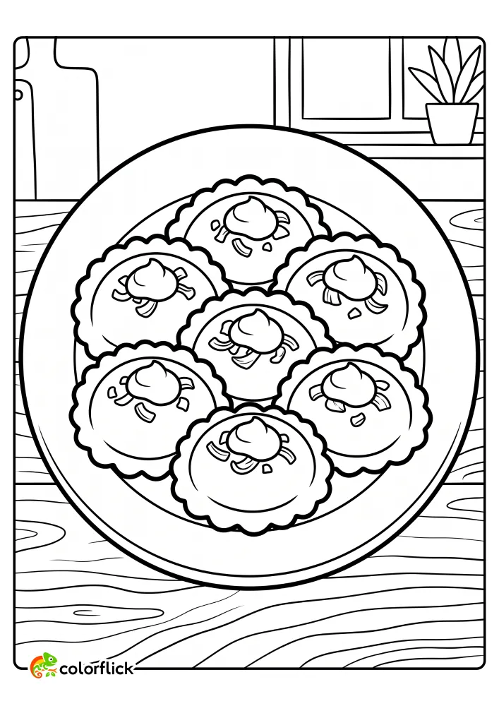 A simple white plate holding six plump, crimped pierogi dumplings topped with caramelized onions and a dollop of cream, printable coloring page for kids.