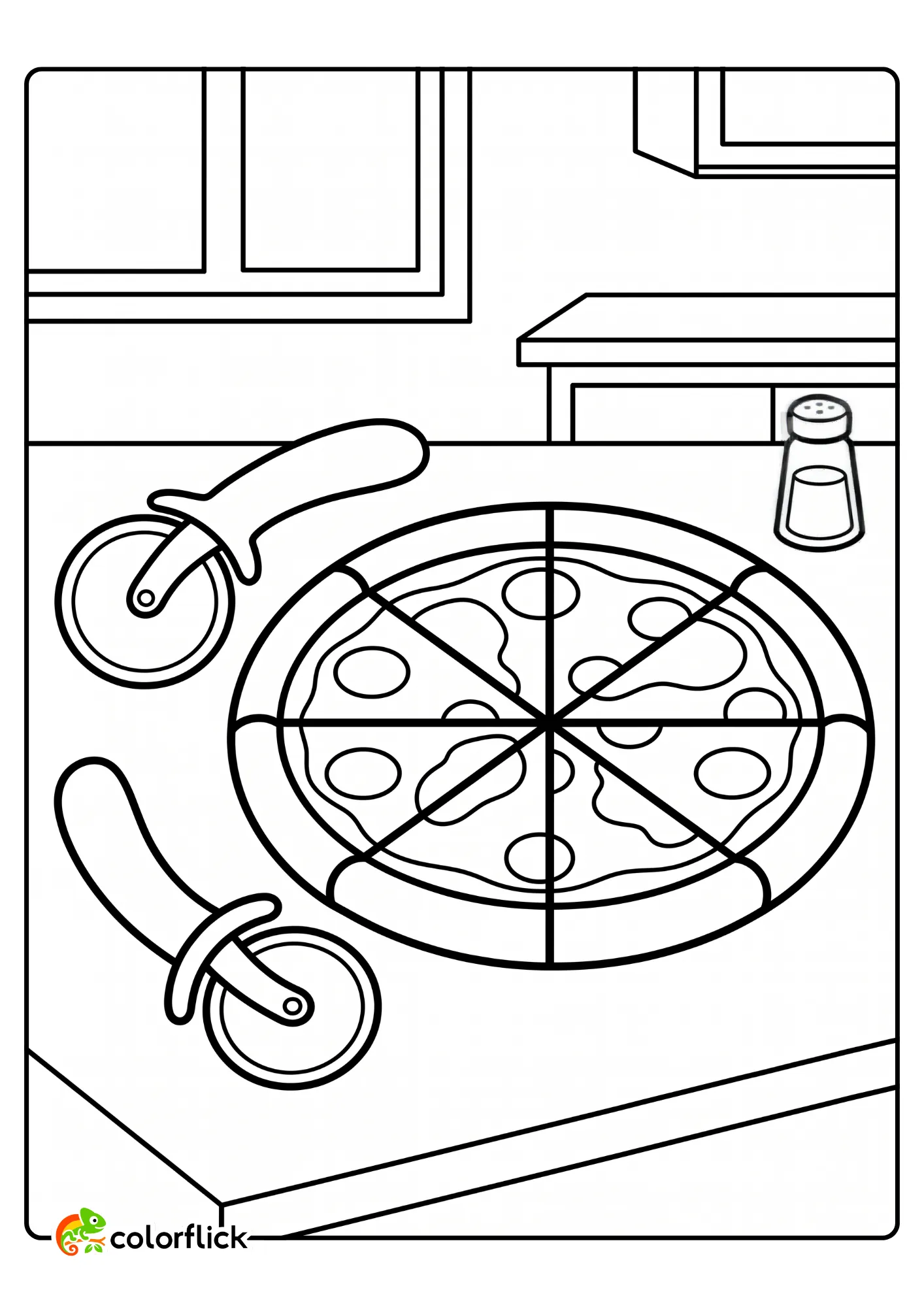 A cute pizza cutter resting next to a freshly sliced pizza on a kitchen counter, printable coloring page for kids