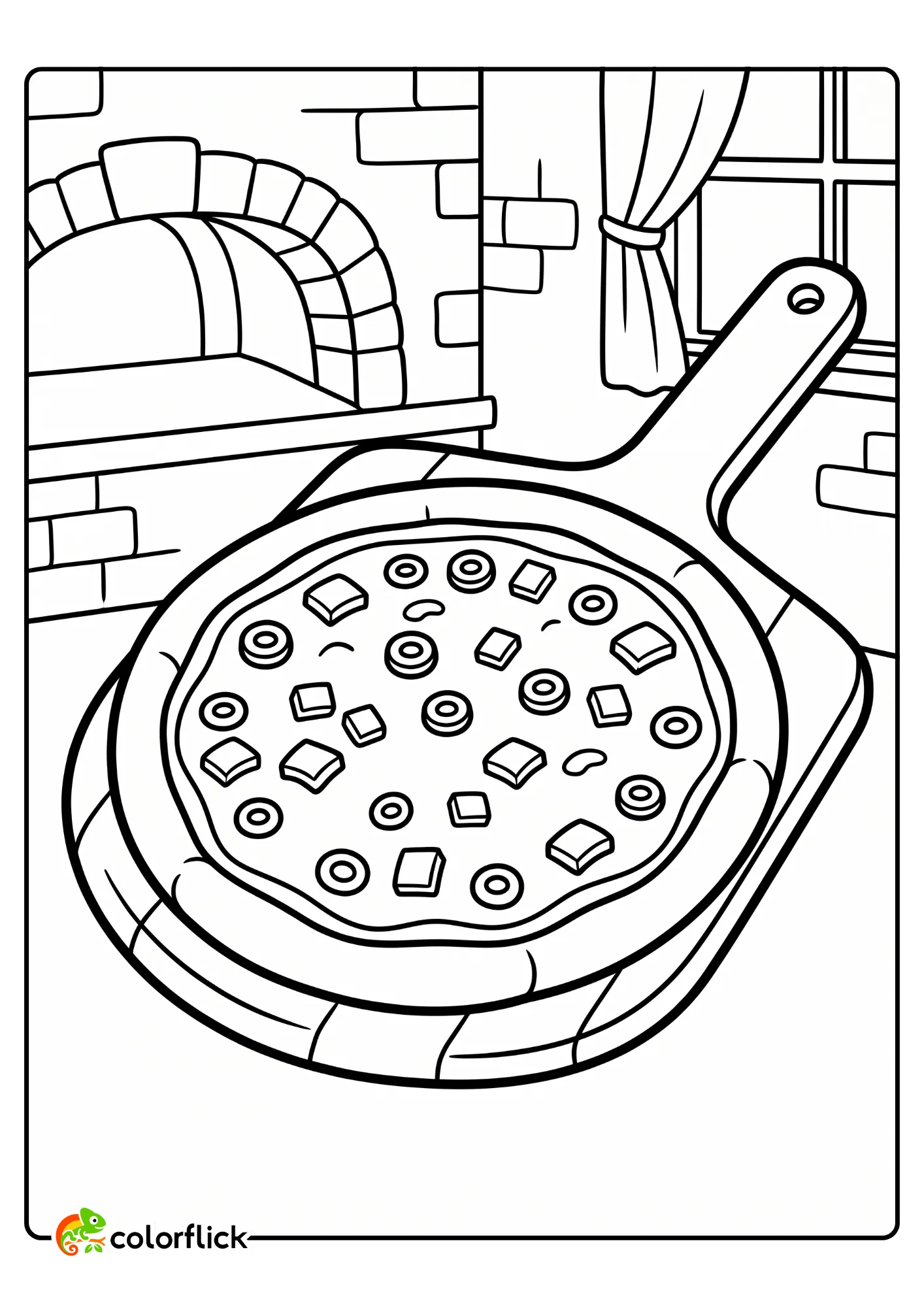 A cute cartoon pizza resting on a wooden peel, a free printable coloring page for kids
