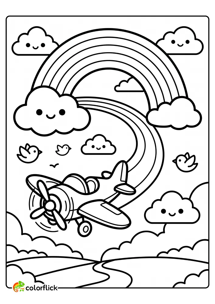 A free printable coloring sheet featuring a cute propeller plane soaring through the sky and leaving a swooping trail next to a large rainbow, surrounded by smiling clouds and flying birds.