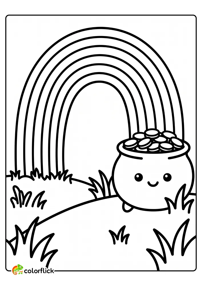 A cheerful smiling pot filled with gold coins resting on a grassy hill at the end of a rainbow in this printable coloring page for kids.