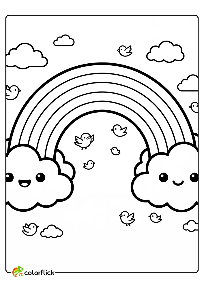 A free printable coloring sheet featuring a beautiful rainbow stretching between two smiling fluffy clouds with small birds flying around in the sky.