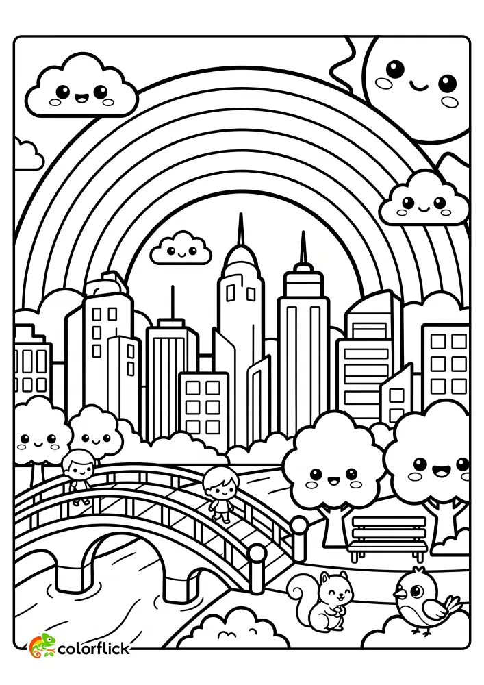 A free printable coloring sheet featuring a large rainbow arching over a city skyline with tall skyscrapers, a park with smiling trees, and kids walking across a bridge.