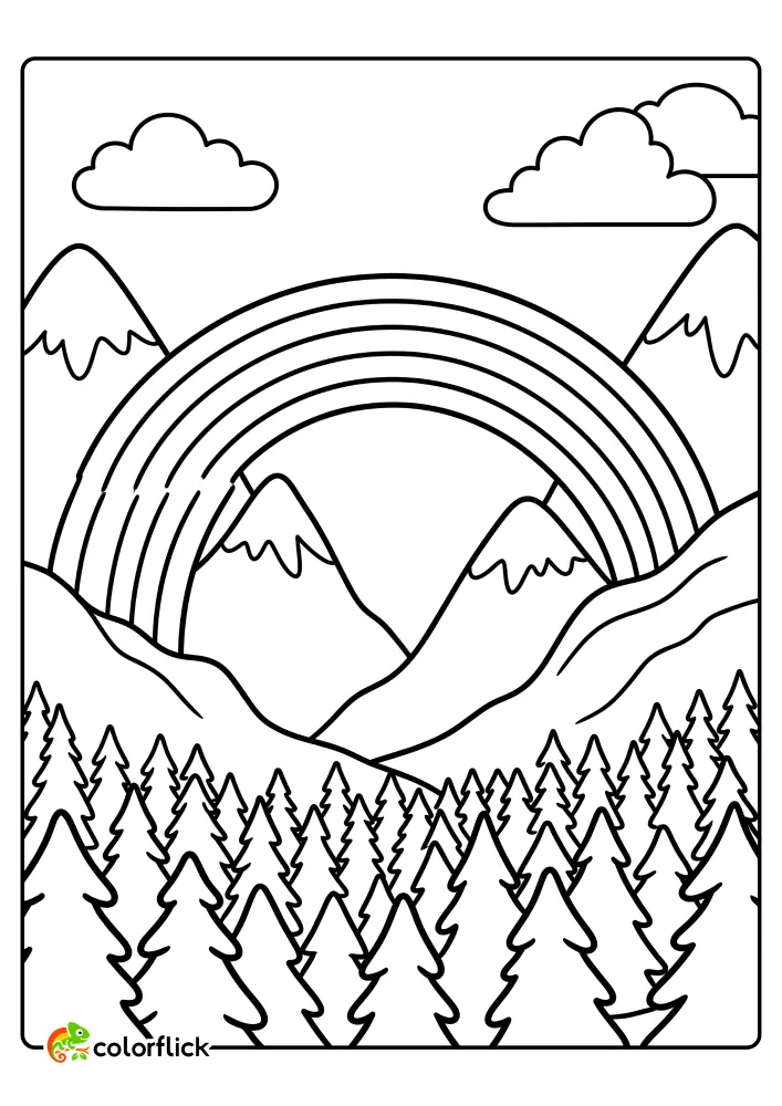 A beautiful landscape featuring a wide rainbow stretching across mountain peaks and a pine tree forest in this free printable coloring sheet.