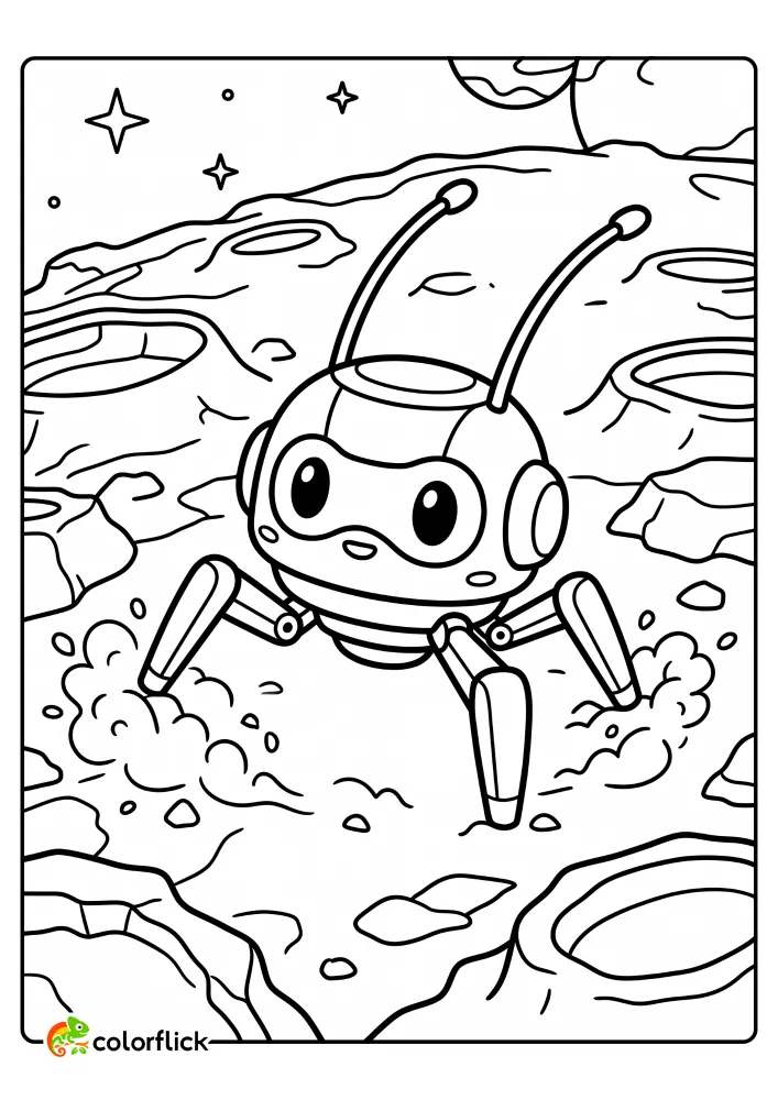 A cute robotic space probe with antennas landing on the dusty surface of a rocky asteroid, providing a fun printable coloring page for kids.