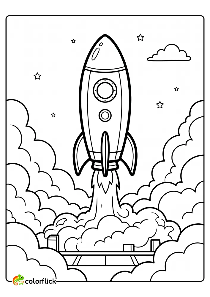 A simple rocket blasting off from a launchpad with big billowing smoke clouds and stars, providing a fun printable coloring page for kids.