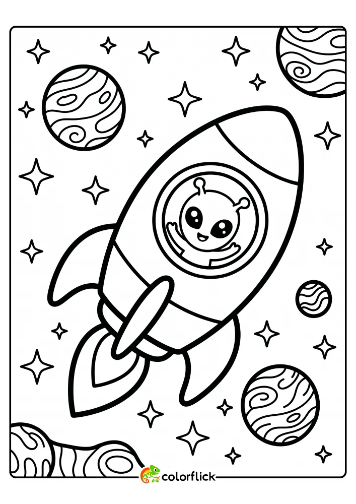A simple printable coloring page for kids featuring a cheerful cartoon rocket ship flying through space past stars and swirling planets, with a small smiling alien waving from the window.