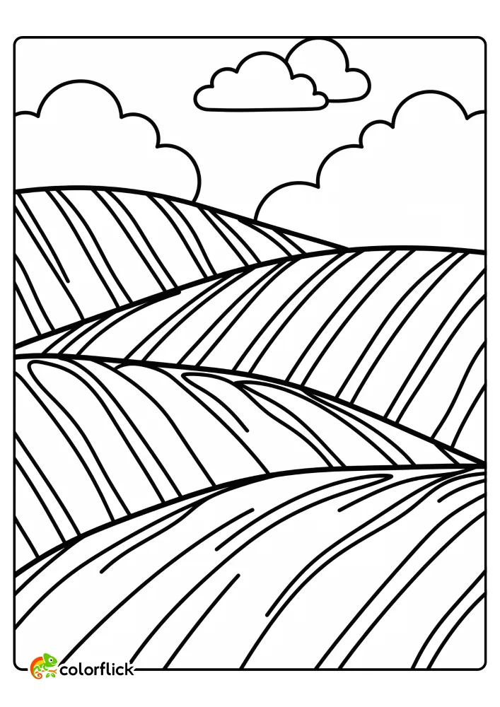 Simple coloring page of four curved rolling hills with diagonal crop rows and clouds. Printable coloring page for kids.