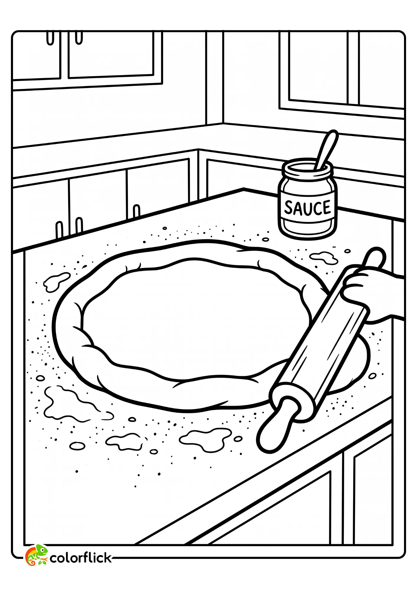 A thick pizza dough crust being prepared with a rolling pin and sauce jar on a kitchen counter, a printable coloring page for kids.