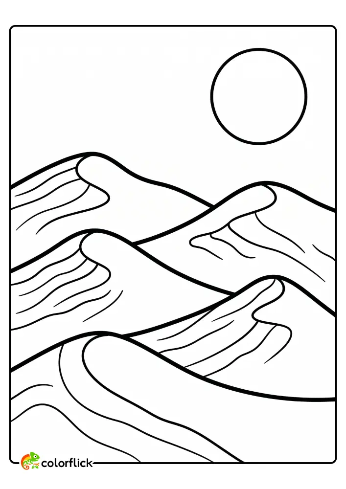 A simple, minimalist scene of five smooth sand dunes with ripple lines and a large sun, perfect for a printable coloring page for kids.