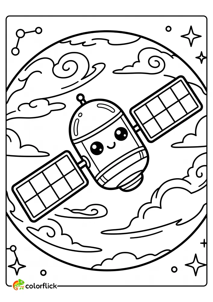 A cute satellite with large solar panels orbiting a planet with swirling clouds in outer space, printable coloring page for kids.