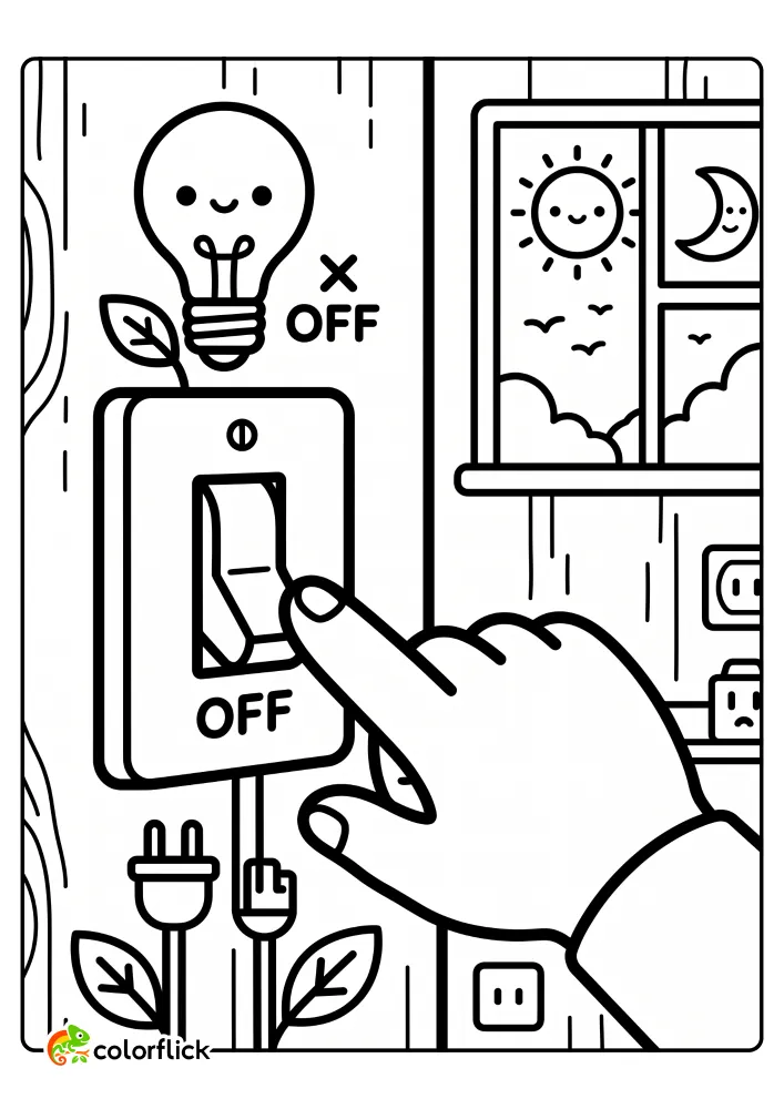 A simplified illustration showing a hand pushing a light switch to the 'OFF' position, with an inactive lightbulb and green plants, near a window with day and night symbols, on a printable coloring page for kids that teaches saving energy.