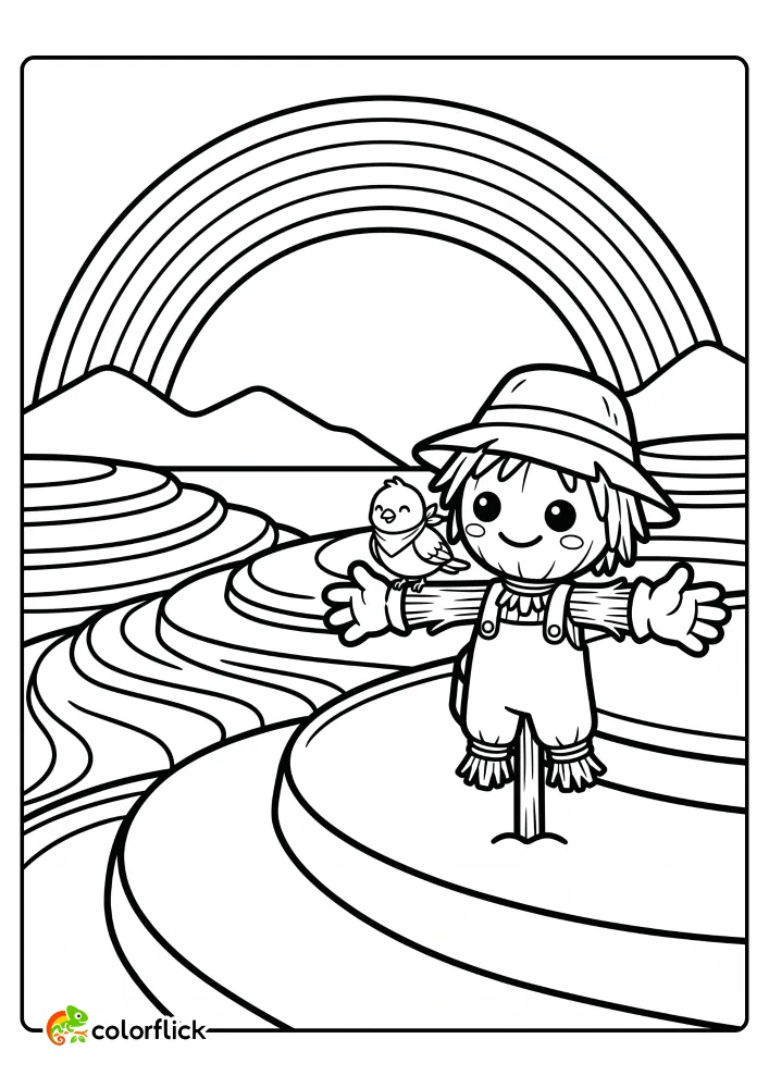 A happy scarecrow standing with arms outstretched in terraced rice fields under a big rainbow, with a small bird on its hand, in this printable coloring page for kids.