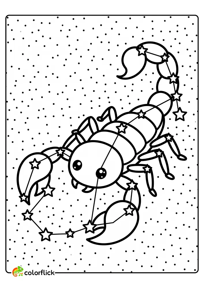A cute scorpion representing a star constellation with connecting lines and a background of twinkling dots in the night sky, free printable coloring sheet.