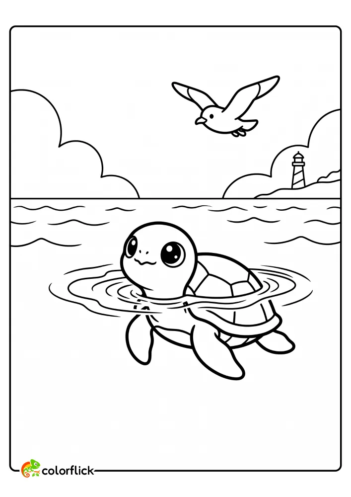 A friendly sea turtle with big eyes takes a breath at the ocean's surface with ripples, a flying seagull, and a lighthouse in the background, printable coloring page for kids.