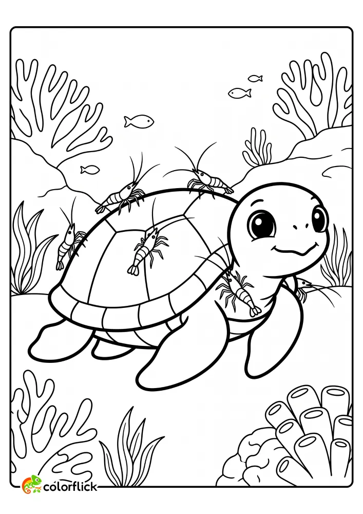 A cute sea turtle getting its shell cleaned by several shrimp in an underwater coral reef, a printable coloring page for kids.