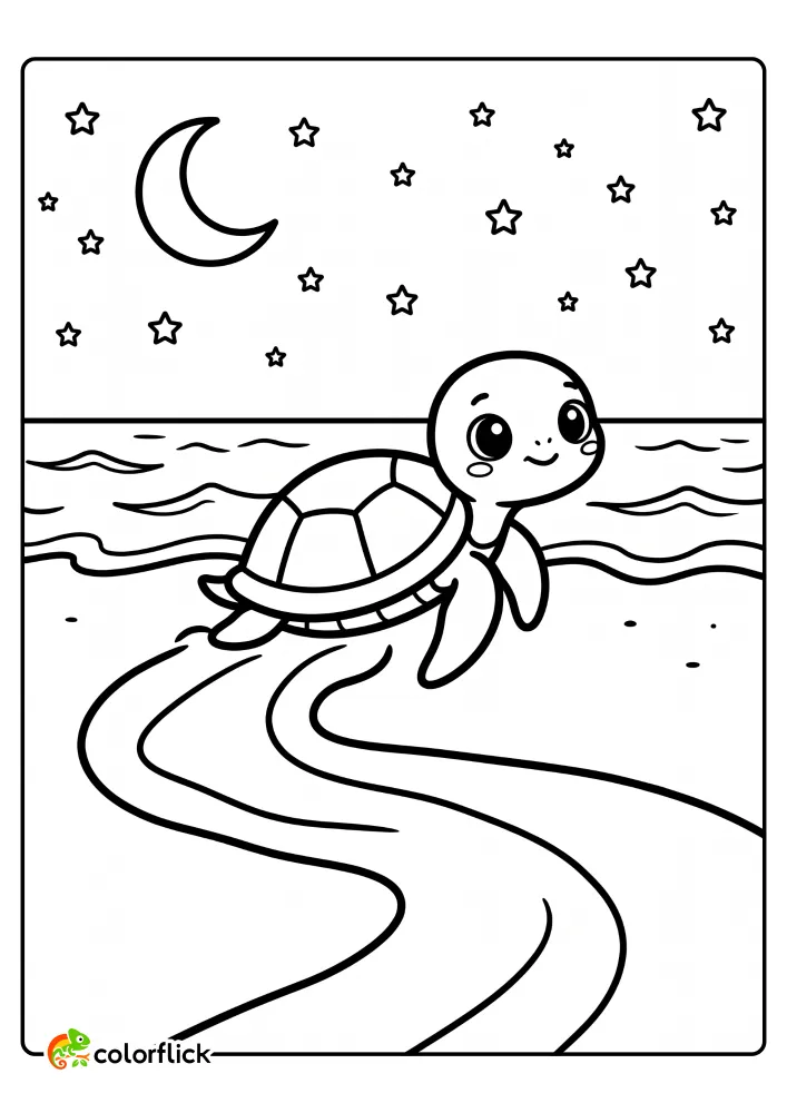 A friendly sea turtle crawling across a beach at night towards the ocean under a starry sky and crescent moon, featured on this easy printable coloring page for kids.