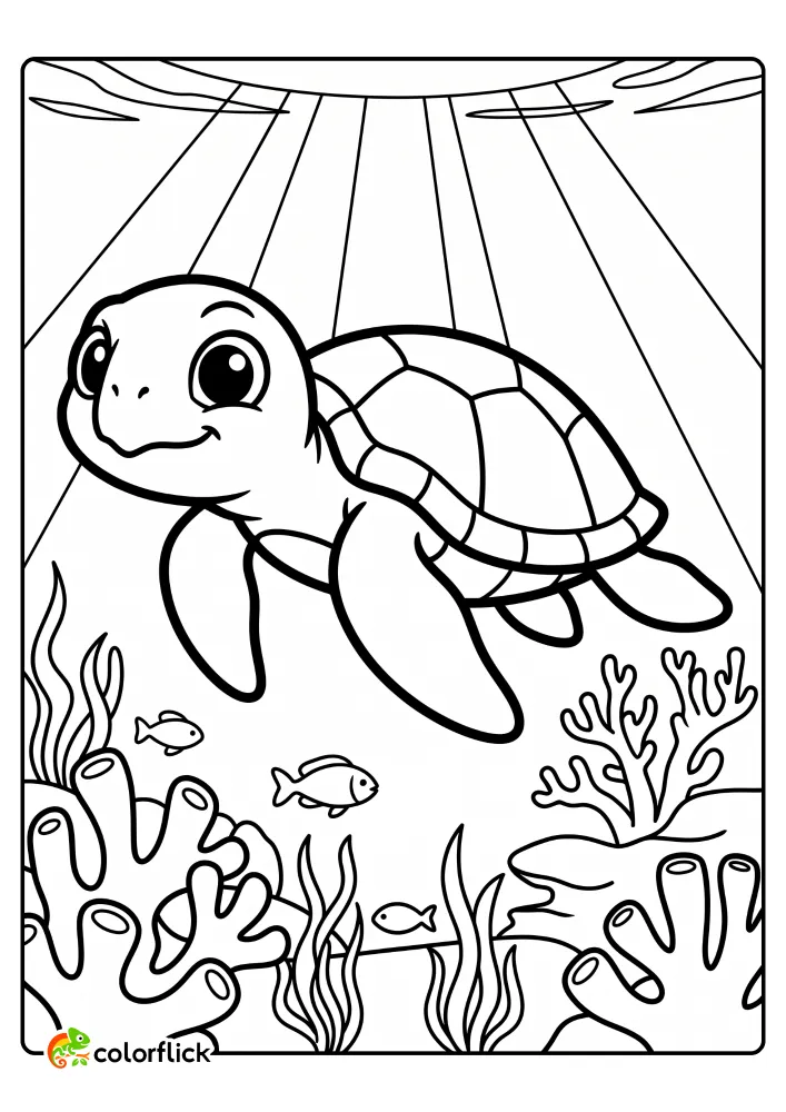A cute sea turtle gliding smoothly over a coral reef with light rays, a printable coloring page for kids.