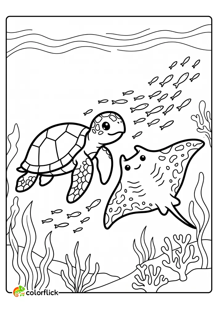 A friendly sea turtle and a large manta ray swimming together above a coral reef with a school of small fish following them, printable coloring page for kids.
