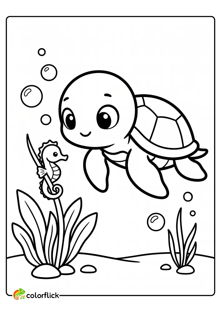 A curious sea turtle is swimming and looking at a tiny seahorse clinging to seagrass, a free printable coloring sheet for kids.
