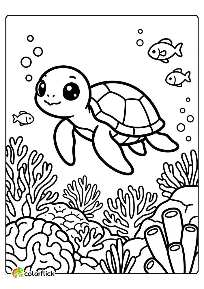 A friendly sea turtle with big eyes swims happily above a large coral reef in this easy printable coloring page for kids.