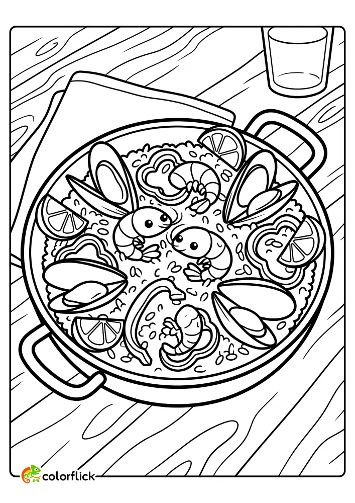 Cute seafood paella with shrimp and mussels on a wooden table, printable coloring page for kids.