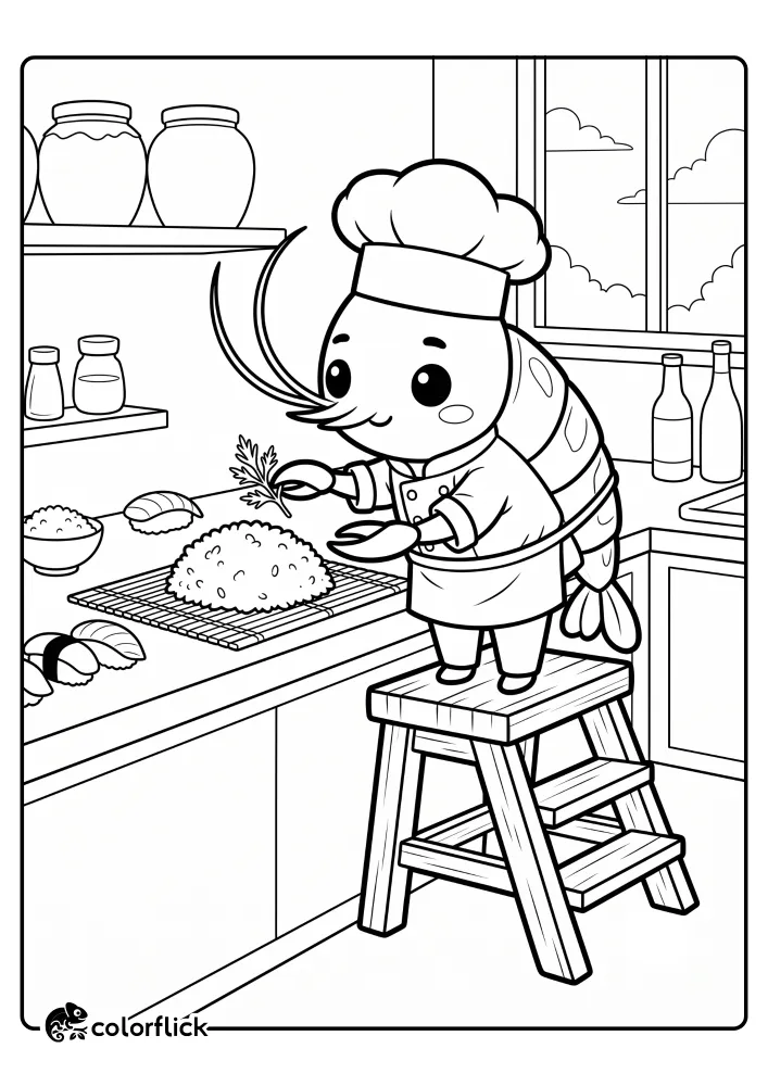 A cute shrimp wearing a chef hat and jacket stands on a wooden step stool to place a leafy garnish on a mound of rice on a kitchen counter, featured in this printable coloring page for kids.