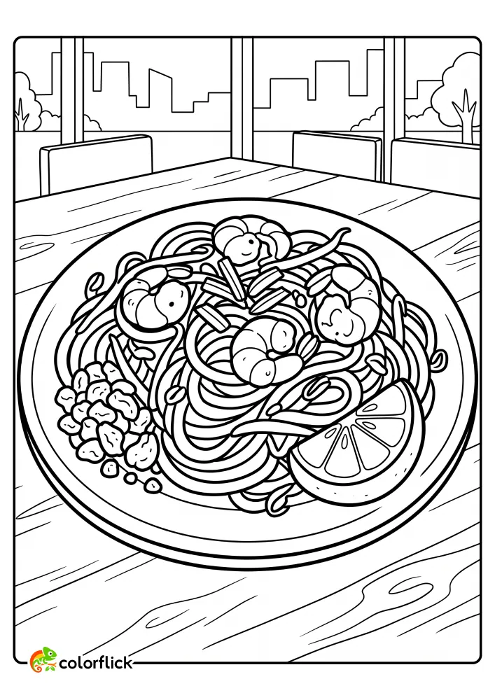 Easy printable coloring page for kids featuring a delicious plate of shrimp Pad Thai noodles with a lime wedge.