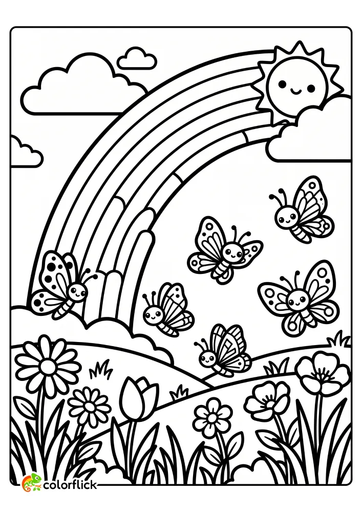 A cute, smiling Chibi frog sits on a large lily pad in a detailed pond scene. The background features a large rustic wooden arch with climbing vines, rolling hills, and trees. This bold vector line art is a free printable coloring sheet for preschoolers and toddlers.