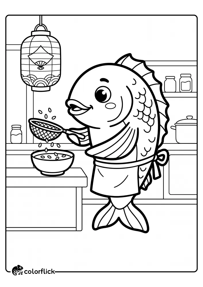 A cute snapper fish wearing an apron uses a mesh strainer to gently sift sesame seeds into a bowl under a hanging paper lantern in this fun printable coloring page for kids.