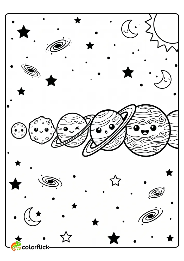 A line of cute solar system planets with smiling faces floating in space with stars, galaxies, and a crescent moon, printable coloring page for kids.