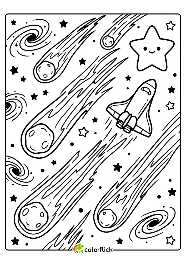 An easy printable coloring page for kids featuring a cute space shuttle navigating through a shower of large meteors with long trails. The space background includes small stars, swirl galaxies, and a large smiling star, perfect for a free printable coloring sheet.