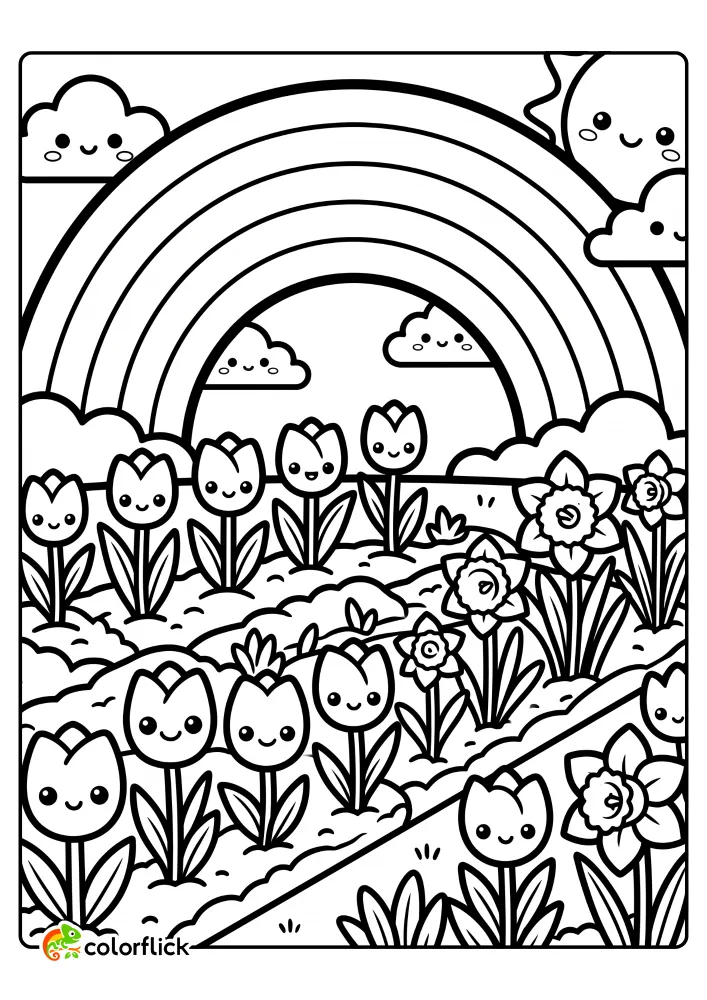 A printable coloring page for kids featuring a cheerful spring garden with neat rows of smiling tulips and daffodils under a large rainbow, happy sun, and clouds.