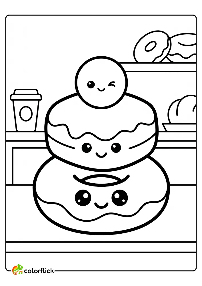 Cute stack of three smiling donuts forming a tower on a bakery counter, printable coloring page for kids