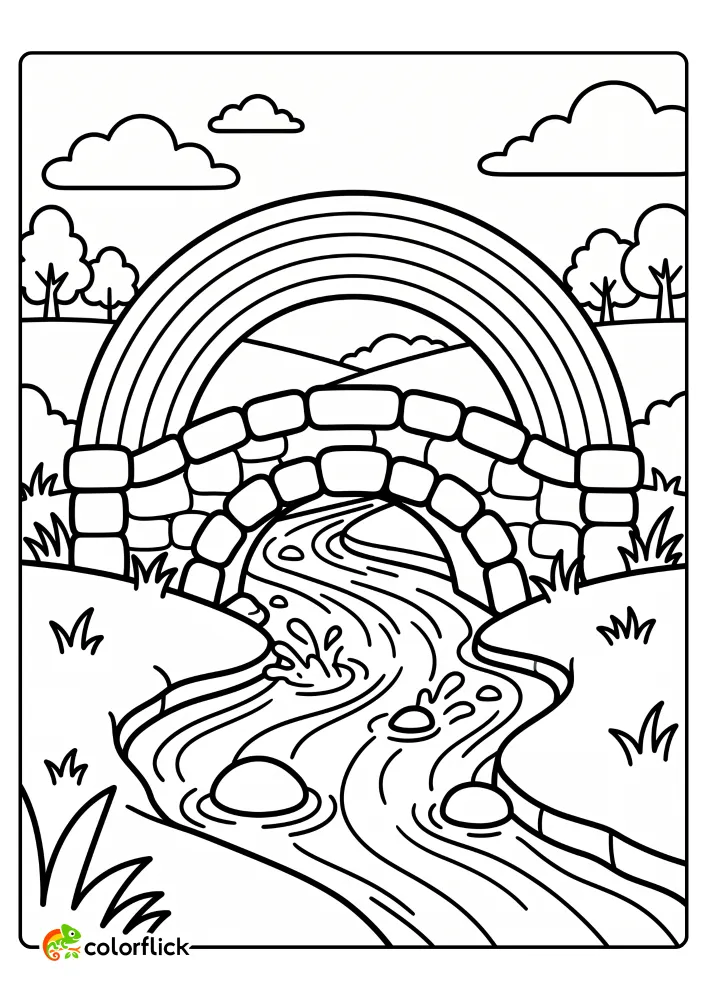 A simple stone bridge crosses a bubbling stream with a large rainbow arching over the grassy banks in this printable coloring page for kids.