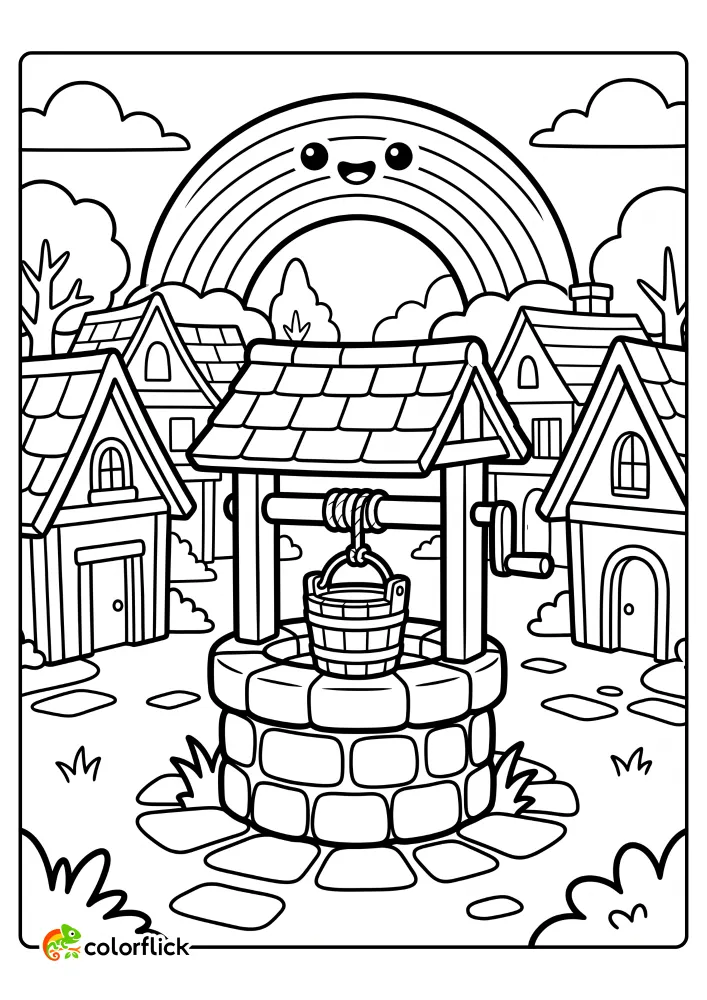 A charming village square featuring a stone well with a wooden bucket and a friendly smiling rainbow over the rooftops in this free printable coloring sheet.