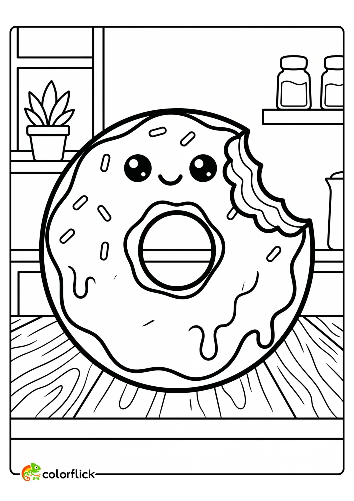A cute sprinkle donut with a playful bite taken out of it, sitting on a kitchen counter, in this easy printable coloring page for kids.