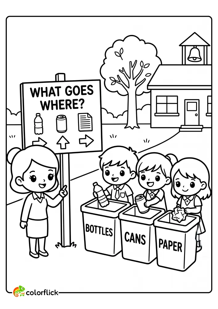 A group of smiling students and their teacher in a schoolyard sorting bottles, cans, and paper into clearly labeled bins, based on a sign, in this printable coloring page for kids.