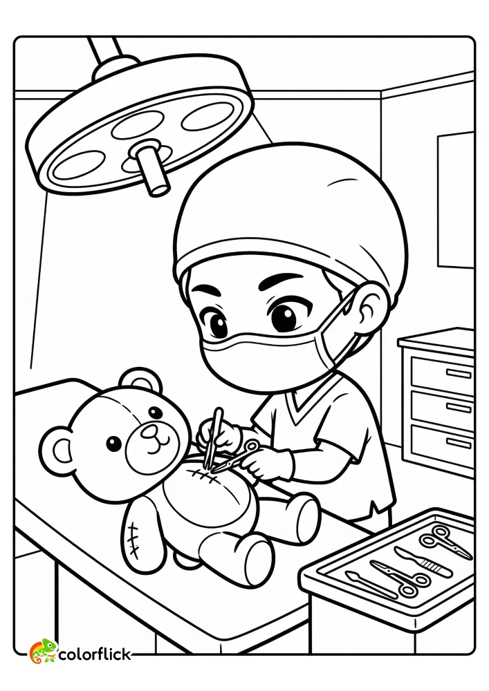 Cute surgeon carefully repairing a plush teddy bear on an operating table, printable coloring page for kids.