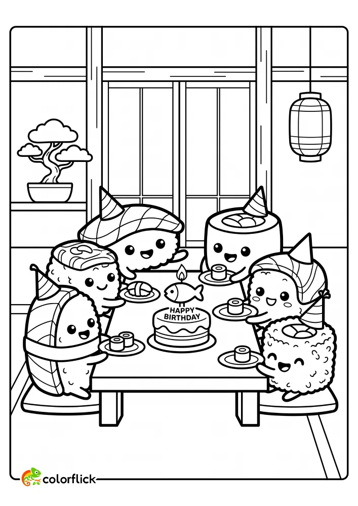 Cartoon sushi characters wearing party hats celebrate at a traditional Japanese table with a happy birthday cake and fish candle. Printable coloring page for kids of a sushi party where characters pass plates of rolls.