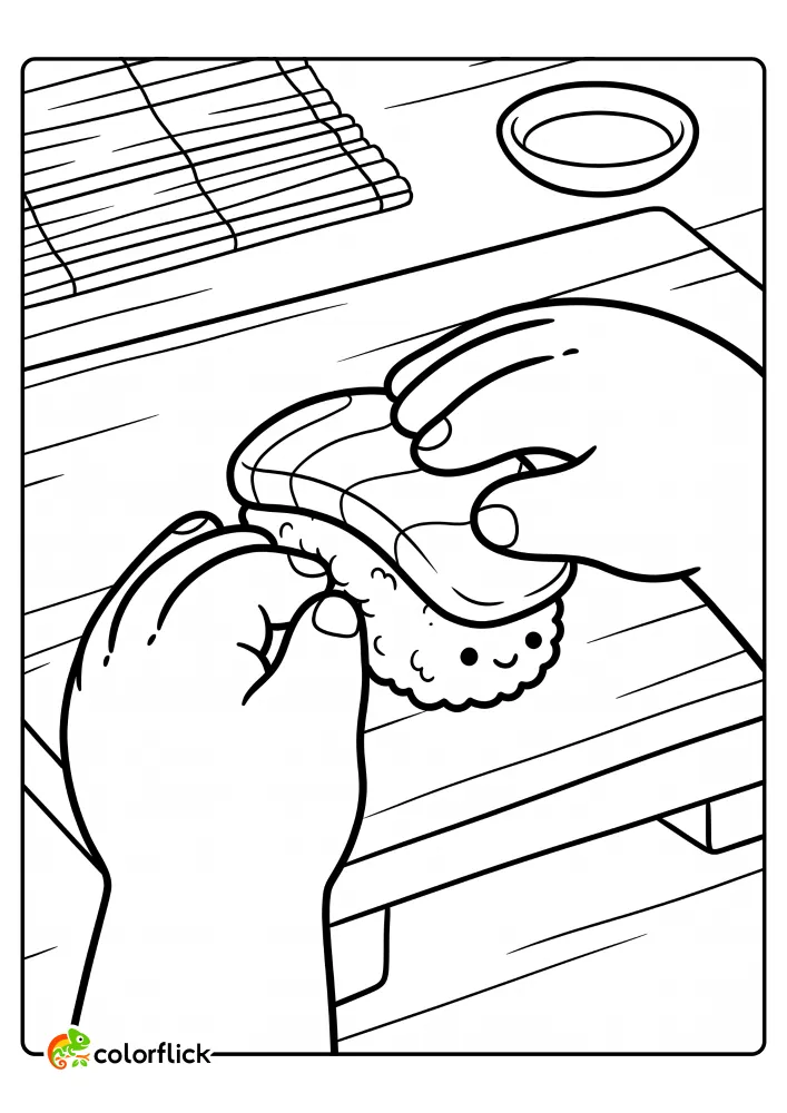 A pair of cute, simple hands meticulously making a piece of cute salmon nigiri sushi on a mat, perfect for a printable coloring page for kids.