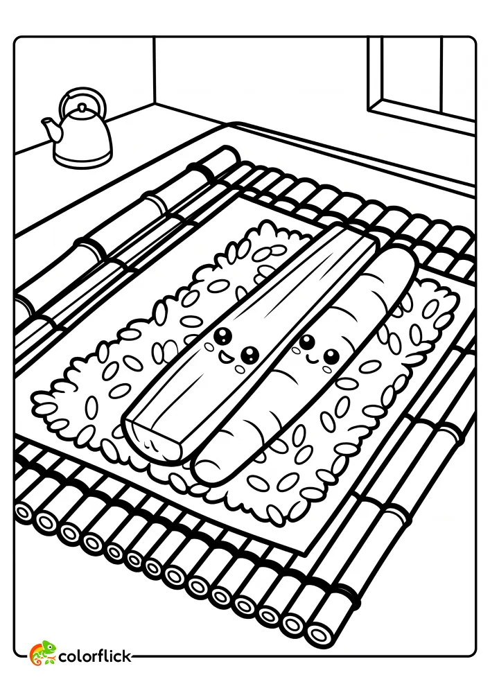 A cartoon illustration of a bamboo mat with a sheet of seaweed, white rice, and cute smiling carrot and cucumber pieces in the center. Printable coloring page for kids.