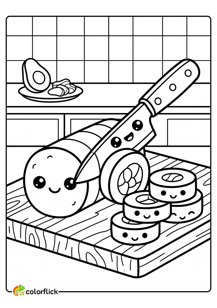 A cute smiling sushi roll being sliced by a happy kitchen knife on a wooden board. Printable coloring page for kids.