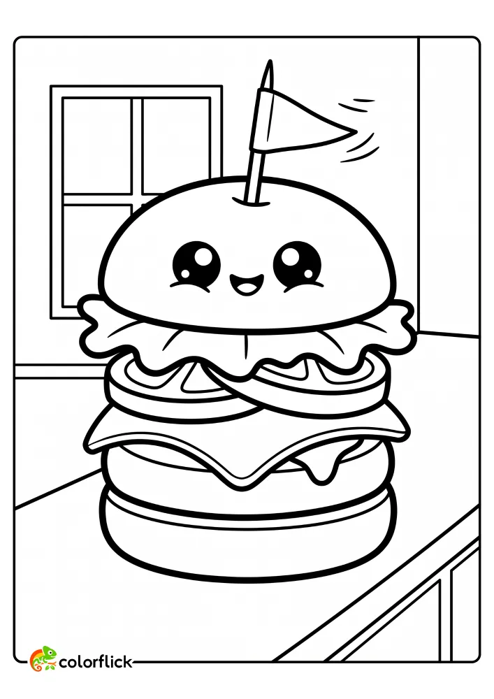 A cute, happy tall cheeseburger with a flag on a toothpick is shown next to a large window in this free printable coloring sheet for kids.