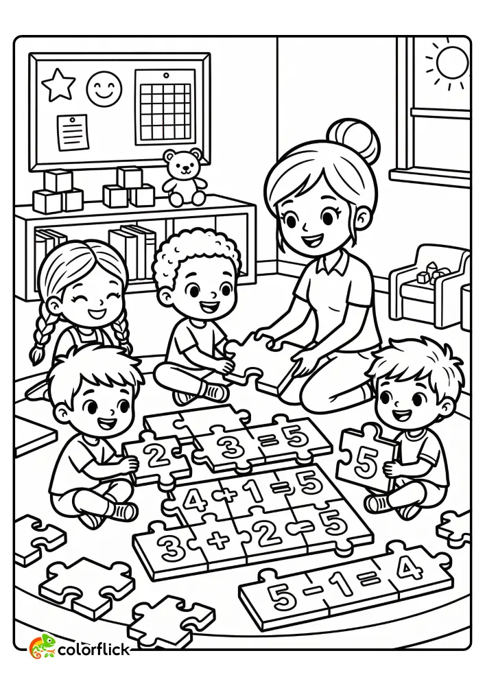 Cute teacher and kids doing math with number puzzle equations in classroom, printable coloring page for kids.
