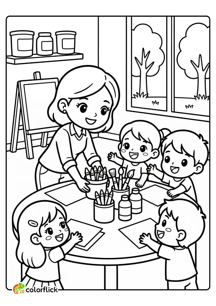 Cute teacher distributing crayons to four smiling children around an art table, a free printable coloring page for kids.