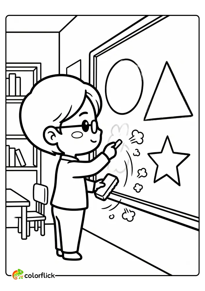 Cute teacher drawing geometric shapes like circle triangle and star on a chalkboard, free printable coloring sheet for kids.