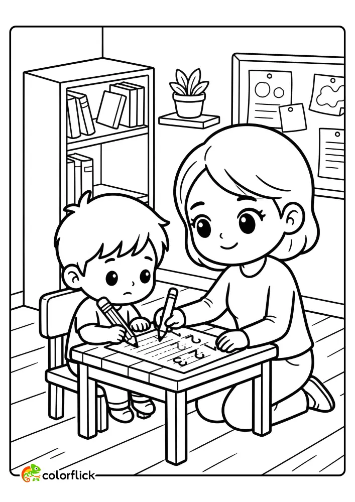 Cute teacher kneeling beside a little boy at a small desk and gently guiding his hand as he practices tracing numbers '1', '2', and '3' on a classroom worksheet, a printable coloring page for kids.